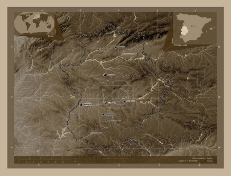 Photo for Extremadura, autonomous community of Spain. Elevation map colored in sepia tones with lakes and rivers. Locations and names of major cities of the region. Corner auxiliary location maps - Royalty Free Image