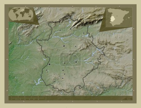 Foto de Extremadura, comunidad autónoma de España. Mapa de elevación coloreado en estilo wiki con lagos y ríos. Ubicaciones de las principales ciudades de la región. Mapas de ubicación auxiliares de esquina - Imagen libre de derechos