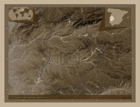 Téléchargez les photos : Extremadura, autonomous community of Spain. Elevation map colored in sepia tones with lakes and rivers. Locations of major cities of the region. Corner auxiliary location maps - en image libre de droit