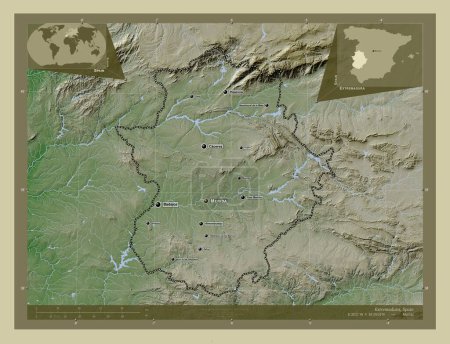 Foto de Extremadura, comunidad autónoma de España. Mapa de elevación coloreado en estilo wiki con lagos y ríos. Ubicaciones y nombres de las principales ciudades de la región. Mapas de ubicación auxiliares de esquina - Imagen libre de derechos