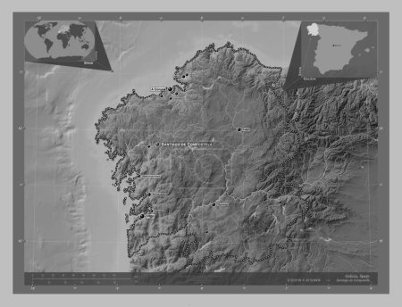 Photo for Galicia, autonomous community of Spain. Grayscale elevation map with lakes and rivers. Locations and names of major cities of the region. Corner auxiliary location maps - Royalty Free Image