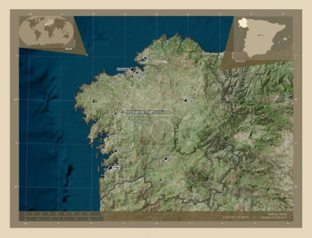 Foto de Galicia, comunidad autónoma de España. Mapa satelital de alta resolución. Ubicaciones y nombres de las principales ciudades de la región. Mapas de ubicación auxiliares de esquina - Imagen libre de derechos