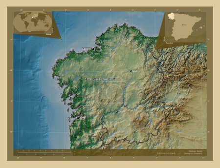 Foto de Galicia, comunidad autónoma de España. Mapa de elevación de colores con lagos y ríos. Ubicaciones y nombres de las principales ciudades de la región. Mapas de ubicación auxiliares de esquina - Imagen libre de derechos