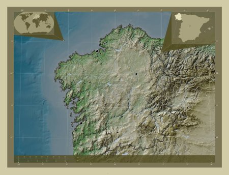 Foto de Galicia, comunidad autónoma de España. Mapa de elevación coloreado en estilo wiki con lagos y ríos. Ubicaciones de las principales ciudades de la región. Mapas de ubicación auxiliares de esquina - Imagen libre de derechos