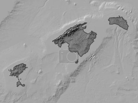 Foto de Islas Baleares, comunidad autónoma de España. Mapa de elevación de Bilevel con lagos y ríos - Imagen libre de derechos