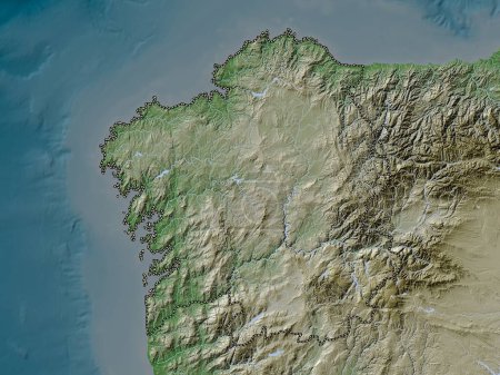Foto de Galicia, comunidad autónoma de España. Mapa de elevación coloreado en estilo wiki con lagos y ríos - Imagen libre de derechos