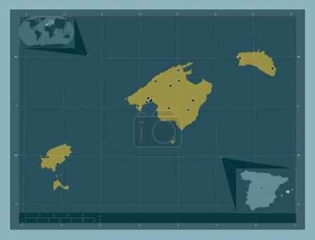 Foto de Islas Baleares, autonomous community of Spain. Solid color shape. Locations of major cities of the region. Corner auxiliary location maps - Imagen libre de derechos