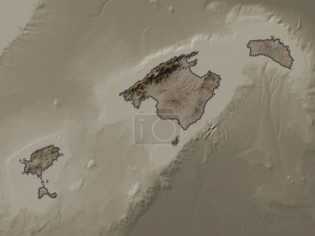 Foto de Islas Baleares, comunidad autónoma de España. Mapa de elevación coloreado en tonos sepia con lagos y ríos - Imagen libre de derechos