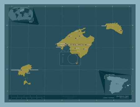 Foto de Islas Baleares, autonomous community of Spain. Solid color shape. Locations and names of major cities of the region. Corner auxiliary location maps - Imagen libre de derechos