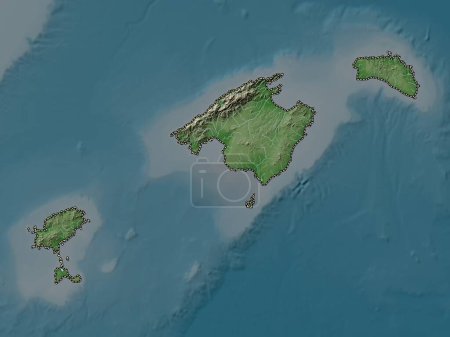 Foto de Islas Baleares, comunidad autónoma de España. Mapa de elevación coloreado en estilo wiki con lagos y ríos - Imagen libre de derechos