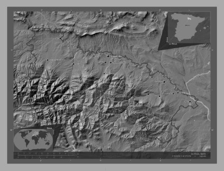Téléchargez les photos : La Rioja, autonomous community of Spain. Bilevel elevation map with lakes and rivers. Locations and names of major cities of the region. Corner auxiliary location maps - en image libre de droit
