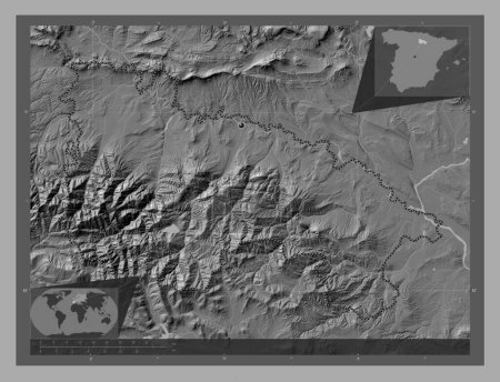 Téléchargez les photos : La Rioja, autonomous community of Spain. Bilevel elevation map with lakes and rivers. Corner auxiliary location maps - en image libre de droit