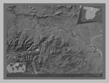 Photo for La Rioja, autonomous community of Spain. Grayscale elevation map with lakes and rivers. Locations and names of major cities of the region. Corner auxiliary location maps - Royalty Free Image