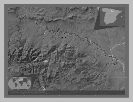 Photo for La Rioja, autonomous community of Spain. Grayscale elevation map with lakes and rivers. Locations of major cities of the region. Corner auxiliary location maps - Royalty Free Image