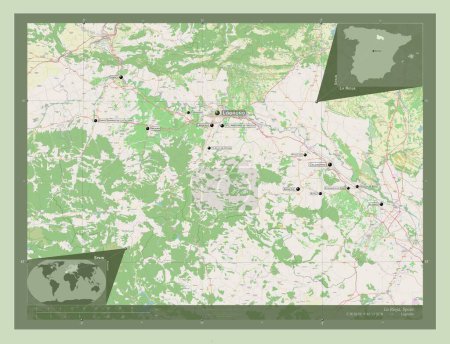 Foto de La Rioja, comunidad autónoma de España. Open Street Map. Ubicaciones y nombres de las principales ciudades de la región. Mapas de ubicación auxiliares de esquina - Imagen libre de derechos