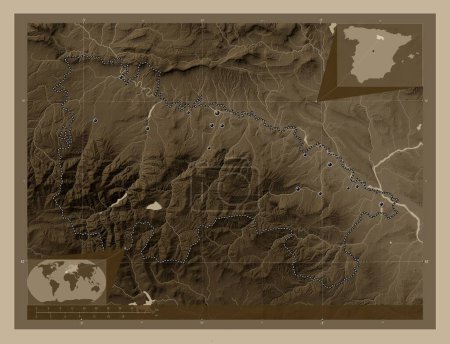 Photo for La Rioja, autonomous community of Spain. Elevation map colored in sepia tones with lakes and rivers. Locations of major cities of the region. Corner auxiliary location maps - Royalty Free Image