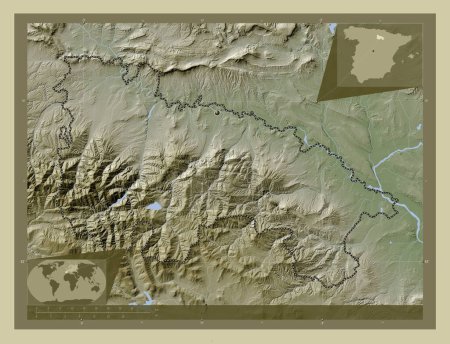 Téléchargez les photos : La Rioja, communauté autonome d'Espagne. Carte d'altitude colorée dans le style wiki avec des lacs et des rivières. Corner cartes de localisation auxiliaires - en image libre de droit
