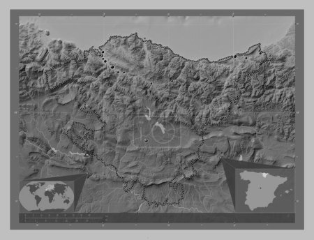 Foto de Pais Vasco, comunidad autónoma de España. Mapa de elevación a escala de grises con lagos y ríos. Ubicaciones de las principales ciudades de la región. Mapas de ubicación auxiliares de esquina - Imagen libre de derechos