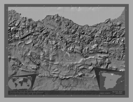 Photo for Pais Vasco, autonomous community of Spain. Bilevel elevation map with lakes and rivers. Locations and names of major cities of the region. Corner auxiliary location maps - Royalty Free Image
