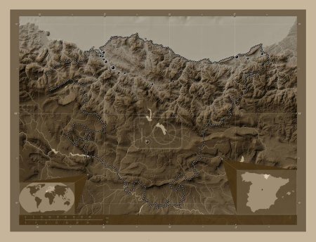 Photo for Pais Vasco, autonomous community of Spain. Elevation map colored in sepia tones with lakes and rivers. Locations of major cities of the region. Corner auxiliary location maps - Royalty Free Image