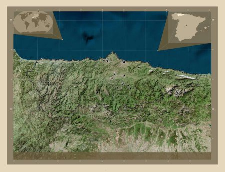 Photo for Principado de Asturias, autonomous community of Spain. High resolution satellite map. Locations of major cities of the region. Corner auxiliary location maps - Royalty Free Image