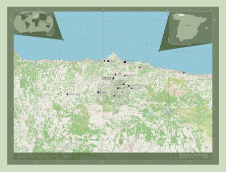 Téléchargez les photos : Principado de Asturias, autonomous community of Spain. Open Street Map. Locations and names of major cities of the region. Corner auxiliary location maps - en image libre de droit