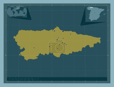 Foto de Principado de Asturias, comunidad autónoma de España. Forma de color sólido. Ubicaciones de las principales ciudades de la región. Mapas de ubicación auxiliares de esquina - Imagen libre de derechos