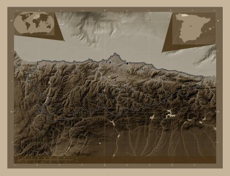 Foto de Principado de Asturias, comunidad autónoma de España. Mapa de elevación coloreado en tonos sepia con lagos y ríos. Ubicaciones de las principales ciudades de la región. Mapas de ubicación auxiliares de esquina - Imagen libre de derechos