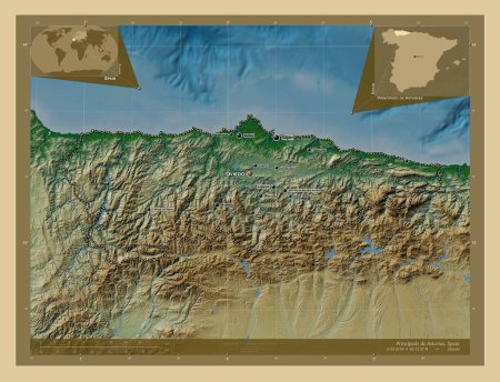 Téléchargez les photos : Principado de Asturias, communauté autonome d'Espagne. Carte d'altitude colorée avec lacs et rivières. Emplacements et noms des grandes villes de la région. Corner cartes de localisation auxiliaires - en image libre de droit