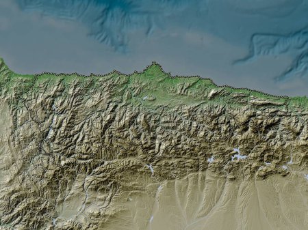 Foto de Principado de Asturias, comunidad autónoma de España. Mapa de elevación coloreado en estilo wiki con lagos y ríos - Imagen libre de derechos