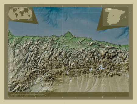 Foto de Principado de Asturias, comunidad autónoma de España. Mapa de elevación coloreado en estilo wiki con lagos y ríos. Ubicaciones de las principales ciudades de la región. Mapas de ubicación auxiliares de esquina - Imagen libre de derechos