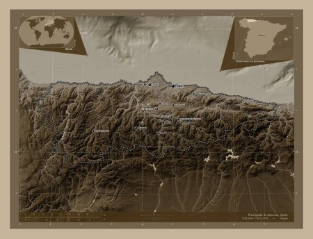 Téléchargez les photos : Principado de Asturias, communauté autonome d'Espagne. Carte d'altitude colorée dans des tons sépia avec des lacs et des rivières. Emplacements et noms des grandes villes de la région. Corner cartes de localisation auxiliaires - en image libre de droit