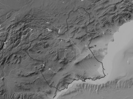 Photo for Region de Murcia, autonomous community of Spain. Grayscale elevation map with lakes and rivers - Royalty Free Image