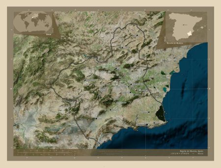 Foto de Región de Murcia, comunidad autónoma de España. Mapa satelital de alta resolución. Ubicaciones y nombres de las principales ciudades de la región. Mapas de ubicación auxiliares de esquina - Imagen libre de derechos