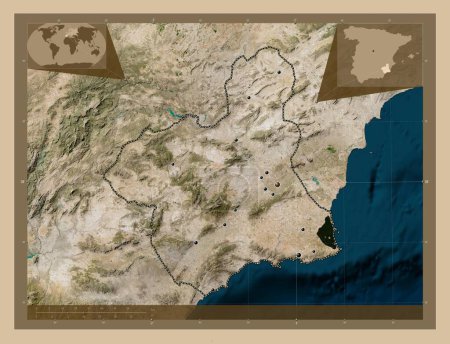 Photo for Region de Murcia, autonomous community of Spain. Low resolution satellite map. Locations of major cities of the region. Corner auxiliary location maps - Royalty Free Image