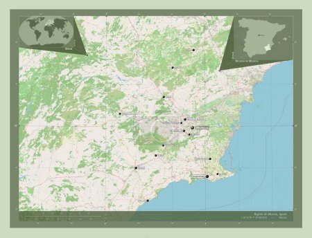 Foto de Región de Murcia, comunidad autónoma de España. Open Street Map. Ubicaciones y nombres de las principales ciudades de la región. Mapas de ubicación auxiliares de esquina - Imagen libre de derechos