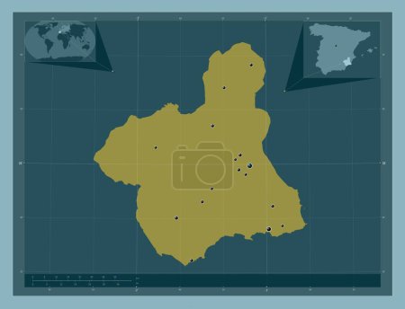 Téléchargez les photos : Region de Murcia, autonomous community of Spain. Solid color shape. Locations of major cities of the region. Corner auxiliary location maps - en image libre de droit