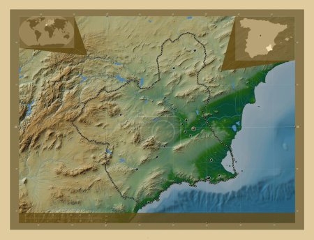 Téléchargez les photos : Région de Murcie, communauté autonome d'Espagne. Carte d'altitude colorée avec lacs et rivières. Emplacements des grandes villes de la région. Corner cartes de localisation auxiliaires - en image libre de droit