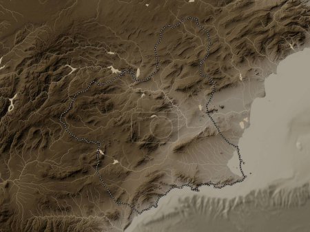 Foto de Región de Murcia, comunidad autónoma de España. Mapa de elevación coloreado en tonos sepia con lagos y ríos - Imagen libre de derechos