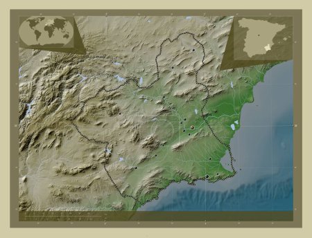 Téléchargez les photos : Région de Murcie, communauté autonome d'Espagne. Carte d'altitude colorée dans le style wiki avec des lacs et des rivières. Emplacements des grandes villes de la région. Corner cartes de localisation auxiliaires - en image libre de droit