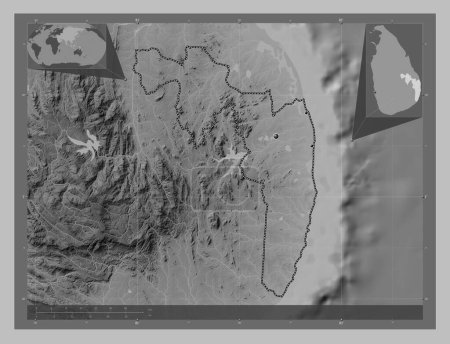 Téléchargez les photos : Ampara, district of Sri Lanka. Grayscale elevation map with lakes and rivers. Locations of major cities of the region. Corner auxiliary location maps - en image libre de droit