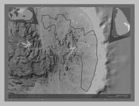 Téléchargez les photos : Ampara, district of Sri Lanka. Grayscale elevation map with lakes and rivers. Locations and names of major cities of the region. Corner auxiliary location maps - en image libre de droit