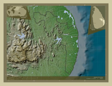 Foto de Ampara, distrito de Sri Lanka. Mapa de elevación coloreado en estilo wiki con lagos y ríos. Ubicaciones y nombres de las principales ciudades de la región. Mapas de ubicación auxiliares de esquina - Imagen libre de derechos