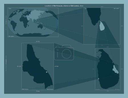 Téléchargez les photos : Batticaloa, district of Sri Lanka. Diagram showing the location of the region on larger-scale maps. Composition of vector frames and PNG shapes on a solid background - en image libre de droit