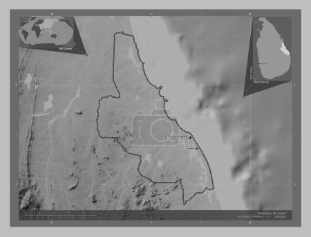 Photo for Batticaloa, district of Sri Lanka. Grayscale elevation map with lakes and rivers. Locations and names of major cities of the region. Corner auxiliary location maps - Royalty Free Image
