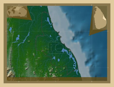 Téléchargez les photos : Batticaloa, district of Sri Lanka. Colored elevation map with lakes and rivers. Corner auxiliary location maps - en image libre de droit