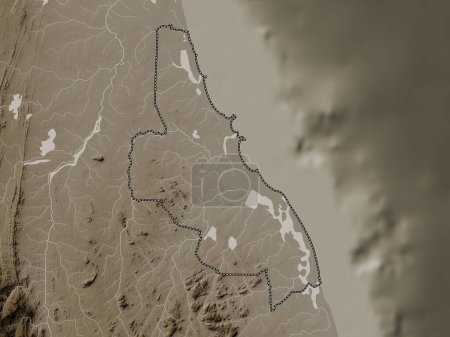 Photo for Batticaloa, district of Sri Lanka. Elevation map colored in sepia tones with lakes and rivers - Royalty Free Image