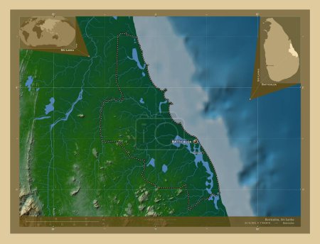 Photo for Batticaloa, district of Sri Lanka. Colored elevation map with lakes and rivers. Locations and names of major cities of the region. Corner auxiliary location maps - Royalty Free Image