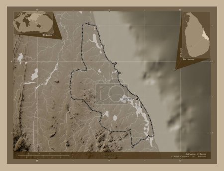 Photo for Batticaloa, district of Sri Lanka. Elevation map colored in sepia tones with lakes and rivers. Locations and names of major cities of the region. Corner auxiliary location maps - Royalty Free Image
