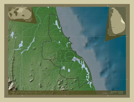 Photo for Batticaloa, district of Sri Lanka. Elevation map colored in wiki style with lakes and rivers. Locations and names of major cities of the region. Corner auxiliary location maps - Royalty Free Image